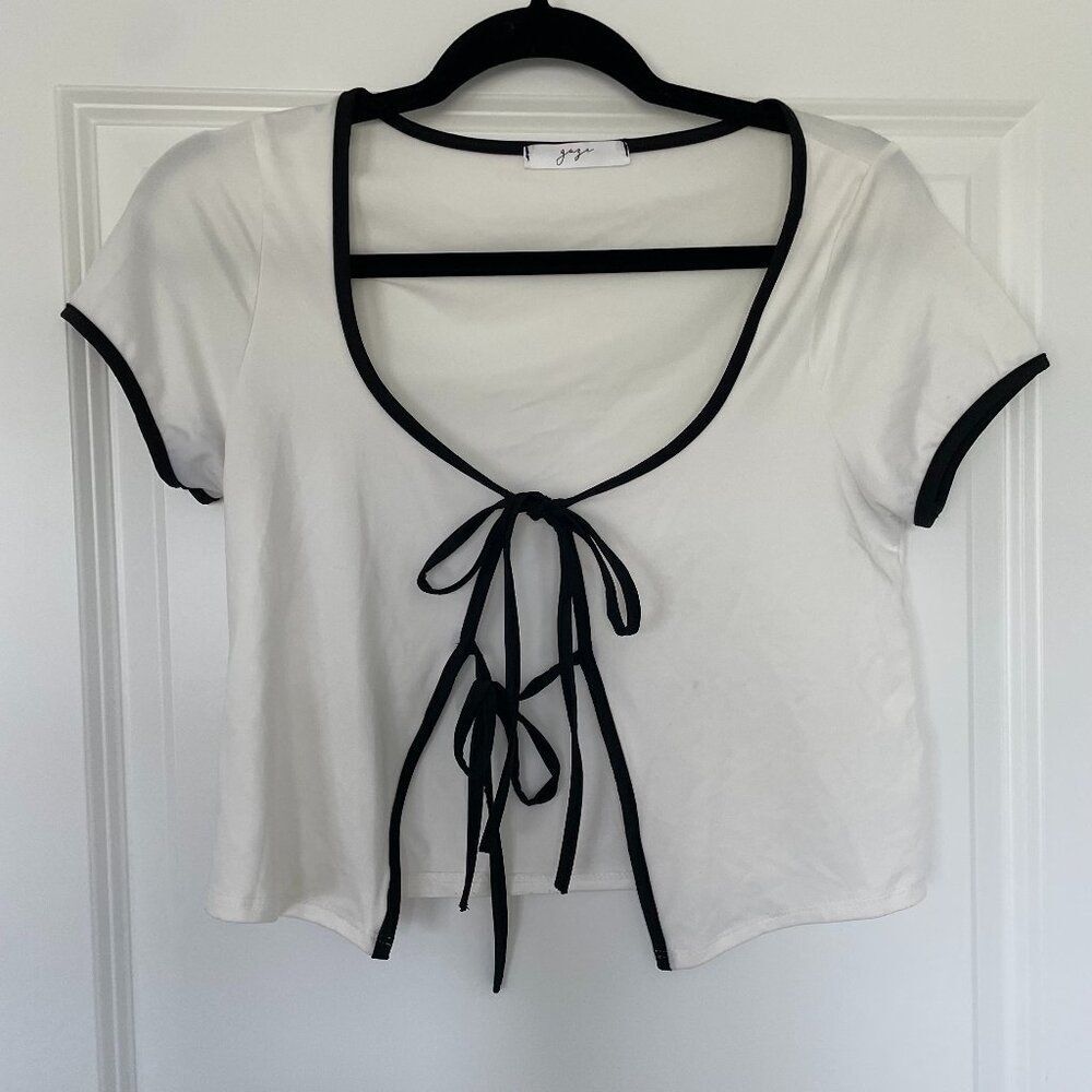 Gaze Crop Top Women L Black White Striped Double Tie Front Blouse Long Sleeve - Picture 2 of 8
